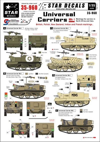 Star Decals STAR35960 Universal Carriers Mk.I. British, Polish, NZ, Indian and French markings, ETO 1/35