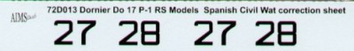 Aims AIMS72D013 Dornier Do-17P-1 correction sheets with correct style code letters for use with RS Models Spanish Civil War Dornier Do-17P 1/72