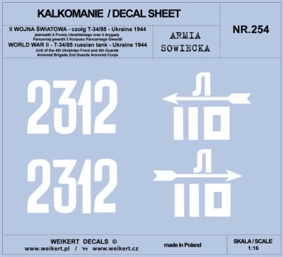 Weikert Decals 254 Russian tank T-34/85 4th Ukrain.Fr., UA 1944 1/16