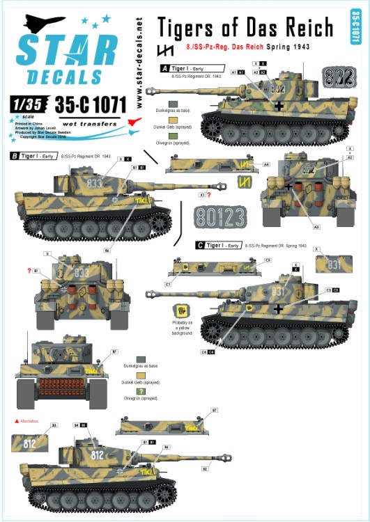 Star Decals 35-C1071 Generic numbers and insignias for Spring 1943 (incl. TIKI). Pz.Kpfw.VI Tigers of Das Reich. 8./SS-Pz-Regiment Das Reich 1/35