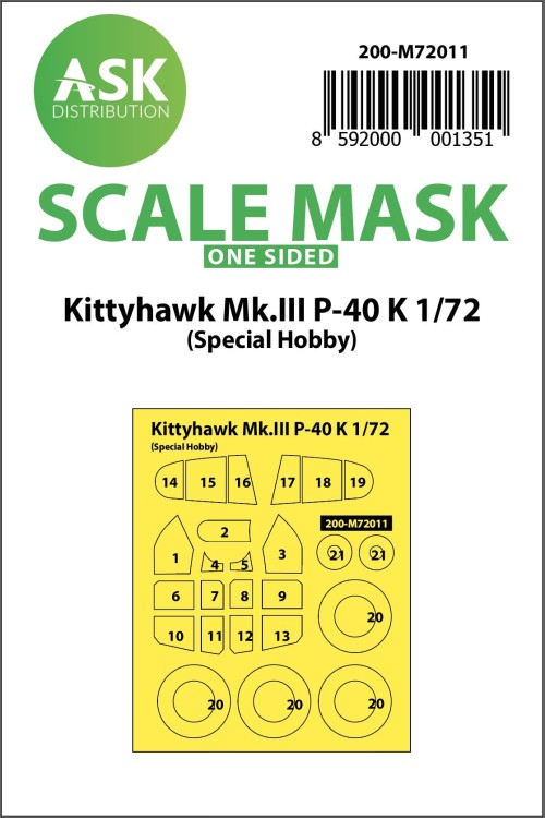 Art Scale 200-M72011 Curtiss Kittyhawk Mk.III P-40K Kabuki wheels and canopy frame paint masks (outside only) 1/72