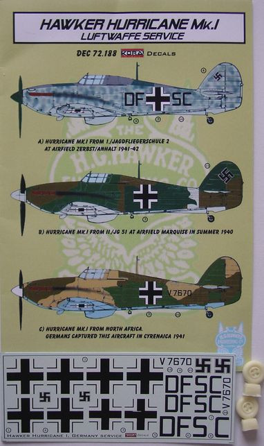 Kora Model DEC72188 Hawker Hurricane Mk.I Luftwaffe serv. декали декали 1/72