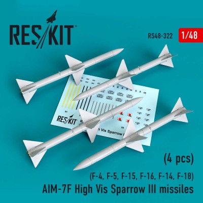 Reskit RS48-0322 AIM-7F High Vis Sparrow III missiles (4pcs) (F-4, F-5, F-15, F-16, F-14, F-18) Hasegawa, Tamiya, Revell, Italery, Academy, GWH, AMK, AFV Club 1/48