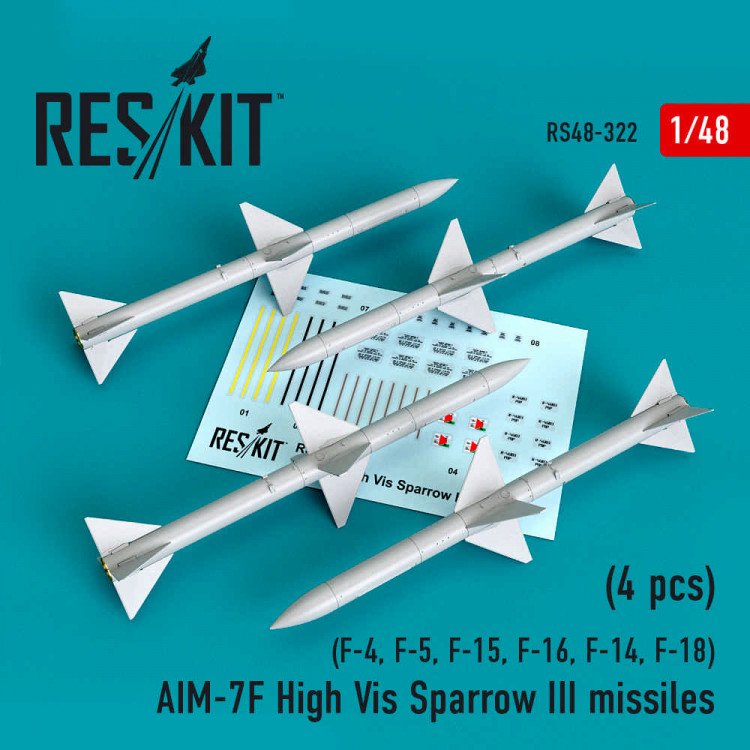 Reskit RS48-0322 AIM-7F High Vis Sparrow III missiles (4pcs) (F-4, F-5, F-15, F-16, F-14, F-18) Hasegawa, Tamiya, Revell, Italery, Academy, GWH, AMK, AFV Club 1/48