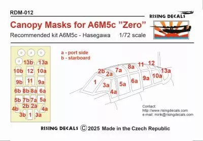 Rising Decals DM-012 Canopy mask for A6M5 'Zero' (HAS) 1/72