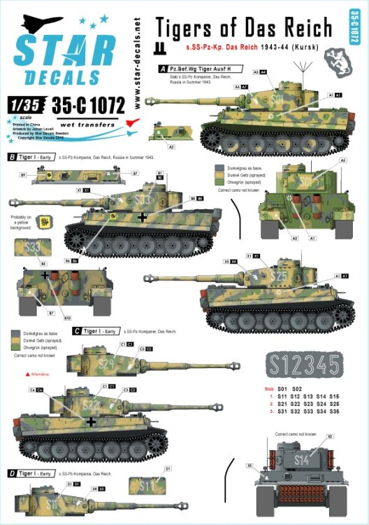Star Decals 35-C1072 Generic numbers and insignias for Summer 1943-44 (incl. Kursk). Pz.Kpfw.VI Tigers of Das Reich. s.SS-Pz-Kp Das Reich 1/35