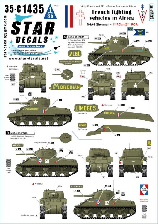 Star Decals 35-C1435 French M4A4 Sherman.French fighting vehicles in Africa # 5.1er RC, 2eme RCA. in 1943-44 1/35