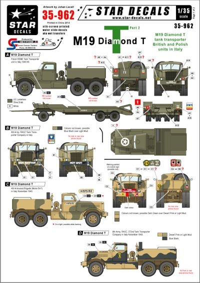 Star Decals STAR35962 M19 Diamond Tank transporter#2. British and Polish units in Italy 1/35