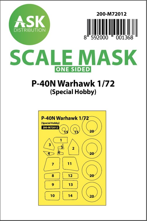 Art Scale 200-M72012 Curtiss P-40N Warhawk Kabuki wheels and canopy frame paint masks (outside only) 1/72