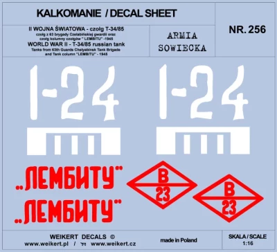 Weikert Decals 256 Russian tank T-34/85 63th Guard Reg. LEMBITU 1/16