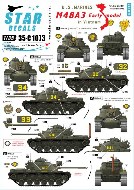 Star Decals 35-C1073 U.S. Marines in Vietnam. M48A3 Early model. 1st, 3rd, and 5th Tank Battalion 1/35