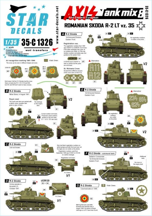 Star Decals 35-C1326 Axis Tank Mix # 8.Romanian Skoda R-2 LT vz. 35 1/35