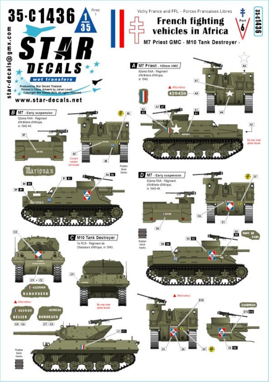 Star Decals 35-C1436 French M7 Priest & M10 Tank Destroyer.French fighting vehicles in Africa # 6.62eme RAA, 7eme RCA 1/35