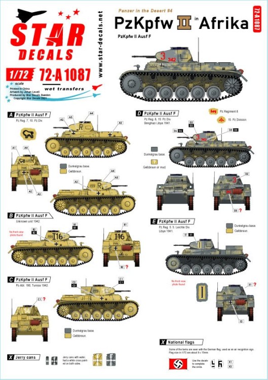 Star Decals 72-A1087 Panzer in the Desert # 4. Pz.Kpfw.II Ausf.F, in North Africa 1/72