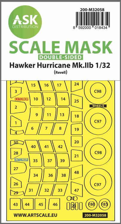 Art Scale 200-M32058 Hawker Hurricane Mk.IIB wheels and canopy frame paint masks (inside & outside) 1/32