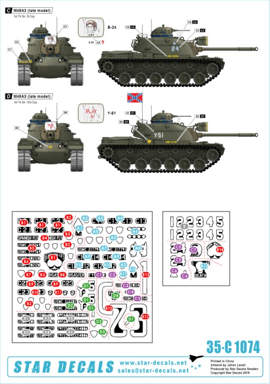 Star Decals 35-C1074 U.S. Marines in Vietnam. M48A3 Late model (raised cupola). 1st Tank Battalion 1/35