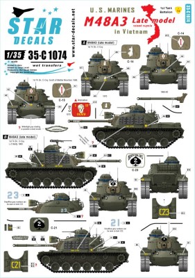Star Decals 35-C1074 U.S. Marines in Vietnam. M48A3 Late model (raised cupola). 1st Tank Battalion 1/35