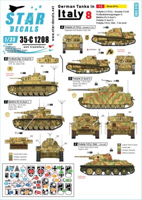 Star Decals 35-C1208 German tanks in Italy # 8. Mixed AFVsAnsaldo CV.35, Pz-BeobachtungsWg III Ausf.G, Befehls-Pz.Kpfw.III Ausf.J, Pz.Kpfw.IV Ausf.H, Pz.Kpfw.747(r) - Soviet T-34 m/43 1/35