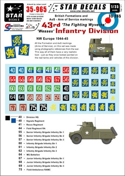 Star Decals STAR35965 British 43rd 'Wessex' Infantry Division NW Europe. Generic Formations and AoS markings 1/35