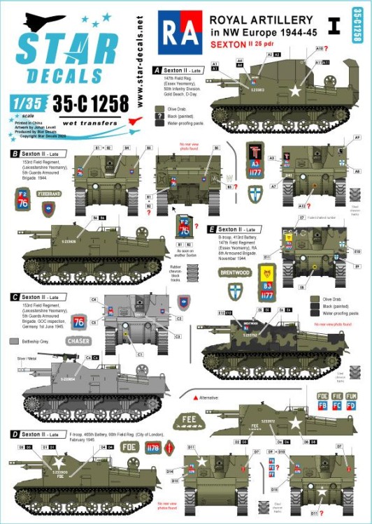 Star Decals 35-C1258 Royal Artillery # 1 British RA in NW Europe 1944-45 Sexton II 25 pounder 1/35