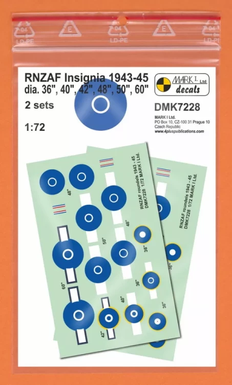 4+ Publications DMK7228 Decals RNZAF Insignia 1943-45 (2 sets) 1/72
