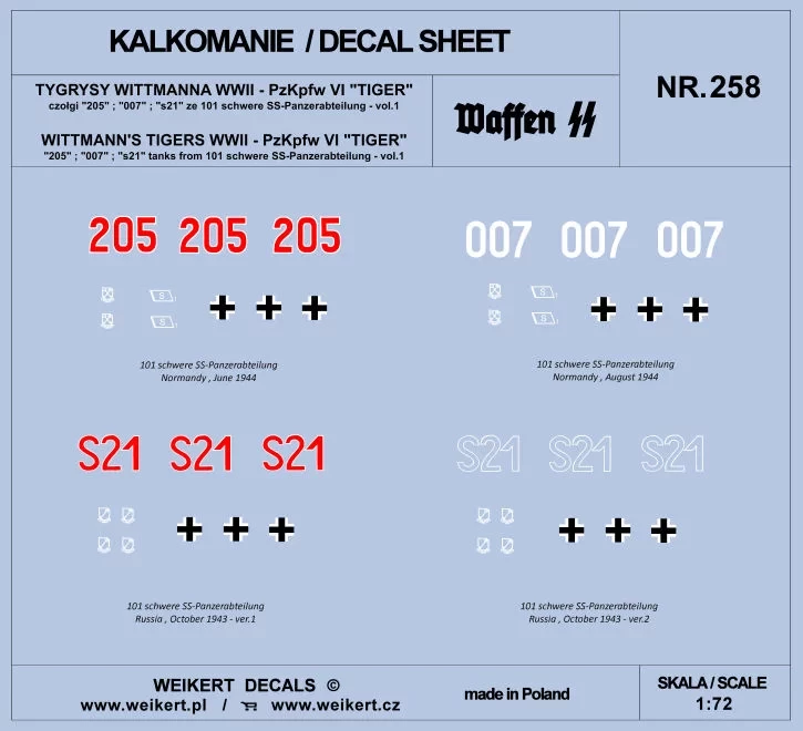 Weikert Decals 258 WITTMANN'S TIGERS - Pzkpfw VI TIGER - part 1 1/72