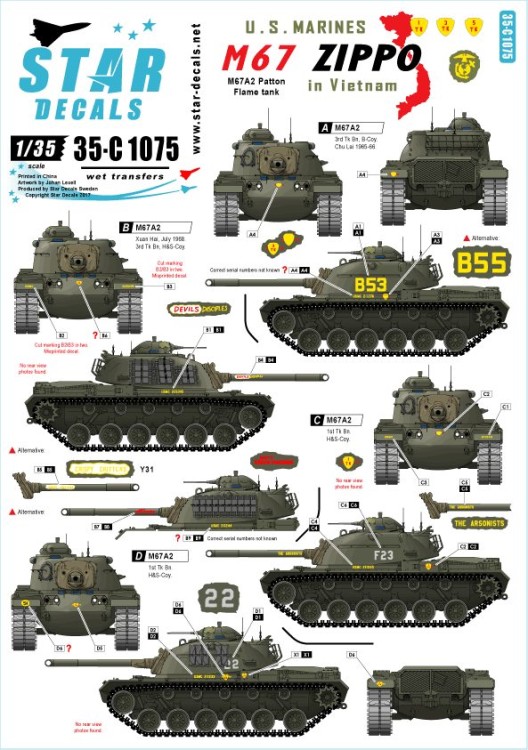 Star Decals 35-C1075 U.S. Marines in Vietnam. M67 Zippo. 1st Tank Battalion, M67A2 Patton Flame tank 1/35