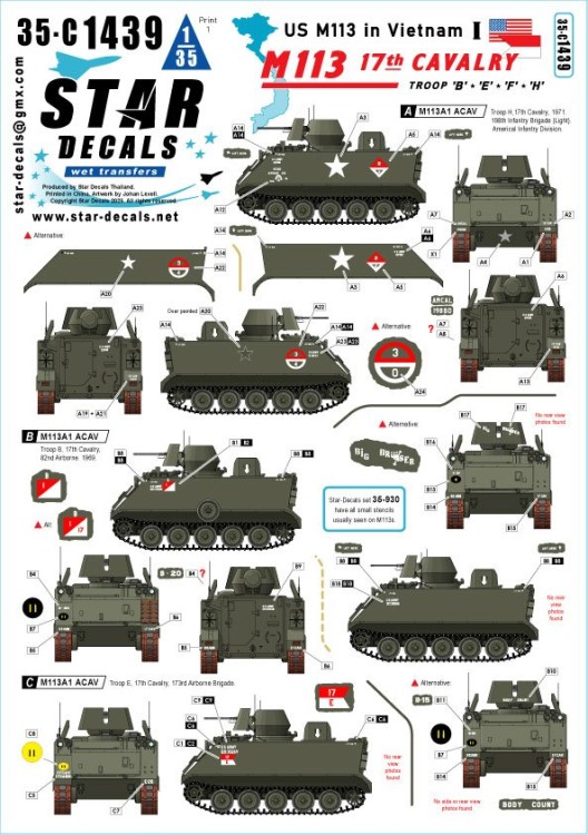 Star Decals 35-C1439 US M113 in Vietnam # 1.M113A1 ACAV. 17th Cavalry.Troop B, E, F and H 1/35