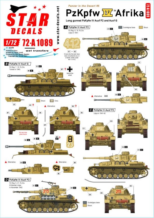 Star Decals 72-A1089 Panzer in the Desert # 5. Pz.Kpfw.IV Ausf.D/E/F1, in North Africa 1/72
