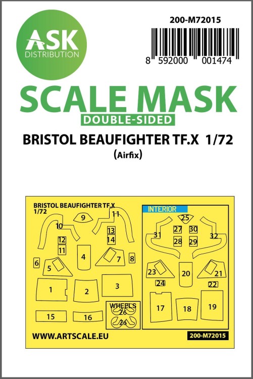 Art Scale 200-M72015 Bristol Beaufighter TF.X Kabuki canopy frame paint masks (inside & outside) 1/72