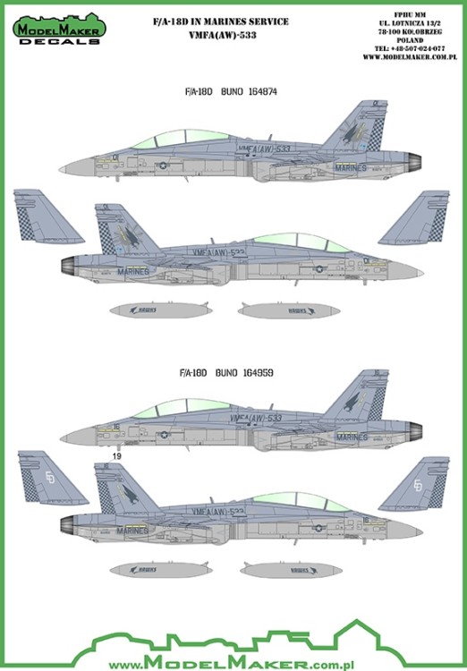 Model Maker Decals D48053 McDonnell-Douglas F/A-18D VMFA-533 Hawks 1/48