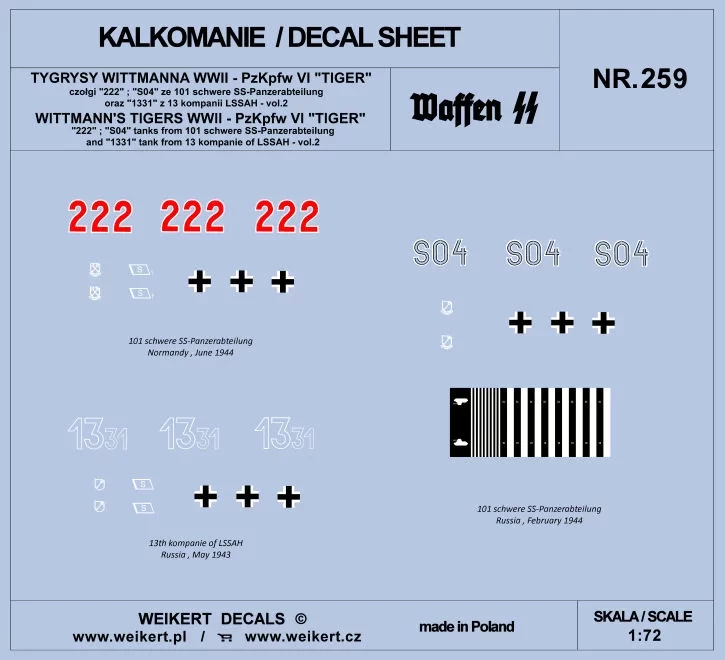 Weikert Decals 259 WITTMANN'S TIGERS - Pzkpfw VI TIGER - part 2 1/72