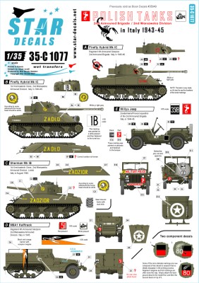 Star Decals 35-C1077 Firefly, Stuart, Halftrack, Willys Jeep, Staghound. Polish Tanks in Italy 1943-45. 2nd Armoured Bde, 2nd Warsawska Div. (was Bison decal 35049) 1/35
