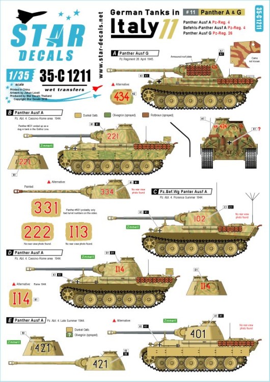 Star Decals 35-C1211 German tanks in Italy # 11. Panther A & GPanther Ausf.A, Panther Ausf.G and Befehls-Panther Ausf.A. Pz-Reg.4 and Pz-Reg. 26 1/35