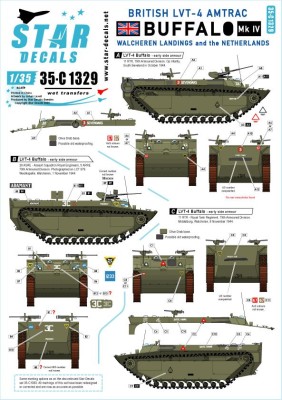 Star Decals 35-C1329 British LVT-4 Buffalo Mk.IV.Walcheren landings and the Netherlands.NOTE: Same marking options as on the discontinued Star-Decals set 35-C1083. All markings of this set have been redesigned or corrected and are now as accurate as possi