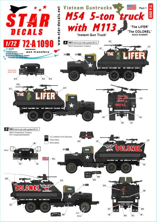 Star Decals 72-A1090 Vietnam Guntrucks. Instant Guntrucks - M54 5-ton truck with M113 APC. 'The Lifer' and ''The Colonel' 1/72