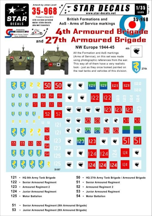 Star Decals STAR35968 British 4th and 27th Armoured Brigade NW Europe. Generic Formations and AoS markings 1/35