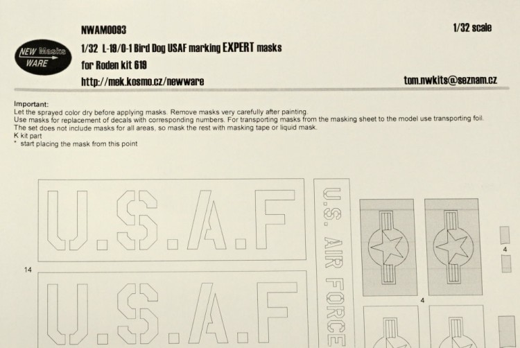 New Ware NWA-M0093 Mask L-19/O-1 Bird Dog USAF markings EXPERT 1/32