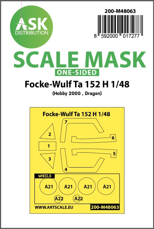 Art Scale 200-M48063 Focke-Wulf Ta-152H wheels and canopy frame paint mask (outside only) 1/48