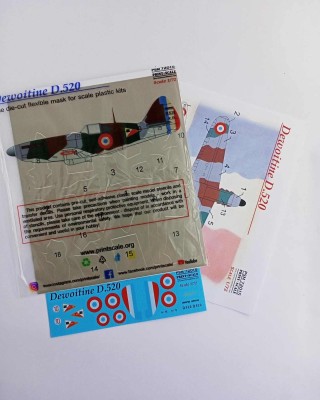 Print Scale PSM72015 Dewoitine D. 520 includes camouflage pattern paint mask and decals 1/72