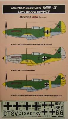 Kora Model DEC72193 MiG-3 in Luftwaffe service (ITAL/HOBB) декали декали 1/72
