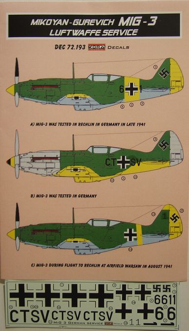 Kora Model DEC72193 MiG-3 in Luftwaffe service (ITAL/HOBB) декали декали 1/72