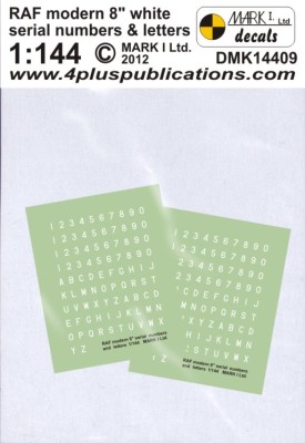 4+ Publications DMK-14409 1/144 Decals RAF modern 8&quot; white numbers &amp; letters