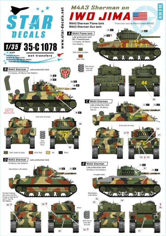 Star Decals 35-C1078 M4A3 Gun Tank and Flame Tank. M4A3 Sherman on Iwo Jima. 4th and 5th Tank Battalion. Previously sold as Bison-Decal 35082 1/35