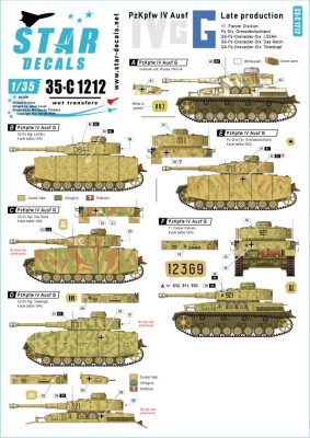 Star Decals 35-C1212 Pz.Kpfw.IV Ausf.G - Late productionEastern Front 1943-44.11. Pz-Division, Pz-Div. Grossdeuschland, SS-Pz-Grenadier Div. LSSAH,SS-Pz-Grenadier Div. Das Reich, SS-Pz-Grenadier Div. Totenkopf 1/35