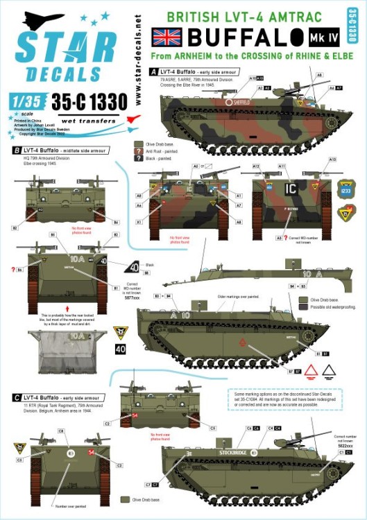 Star Decals 35-C1330 British LVT-4 Buffalo Mk.IV.From Arnheim to the crossing of Rhine and Elbe Rivers. NOTE: Same marking options as on the discontinued Star-Decals set 35-C1084. All markings of this set have been redesigned or corrected