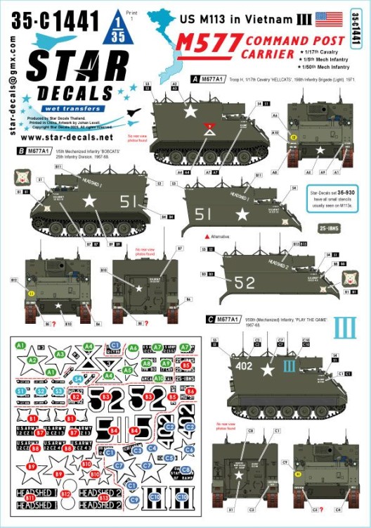 Star Decals 35-C1441 US M113 in Vietnam # 3.M577A1 Command Post Carrier.1/17th Cavalry, 1/5th Mech Infantry, 1/50th Mech Infantry 1/35
