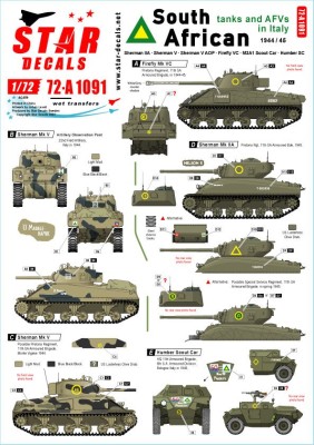 Star Decals 72-A1091 SA Tanks and AFVs in ItalySouth African Sherman IIA, Sherman Firefly VC, Sherman V AOP, M3A1 Scout Car, Humber Scout Car 1/72