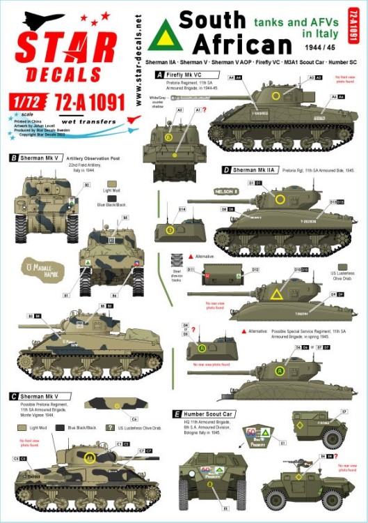 Star Decals 72-A1091 SA Tanks and AFVs in ItalySouth African Sherman IIA, Sherman Firefly VC, Sherman V AOP, M3A1 Scout Car, Humber Scout Car 1/72