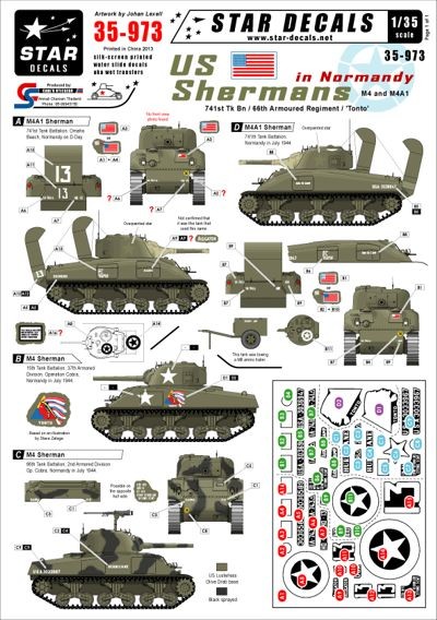 Star Decals STAR35973 U.S. Shermans in Normandy. 741st Tank Battalion, 66th Armoured Regiment and 'Tonto' 1/35